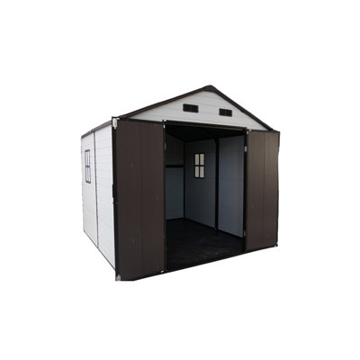 Outdoor Resin Shed 8x8x7.6ft, Aluminum Frame, Floor And Two Windows, Ideal For Backyard Organization Patio Furniture Storage, Antique Brown + White 8x8 Ft Storage Of Resin, Great Lawn Mowers Garden