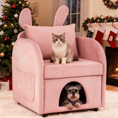 Dual-Purpose Pet Sofa Chair with Hidden Cat Cave, Anti-Scratch Upholstery, 27.4 x 25.2 x 37.4 ",Pink