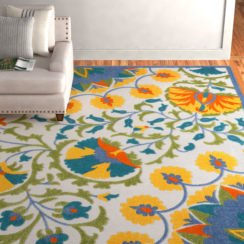 Adalia Floral Green/Yellow/Blue Indoor/Outdoor Area Rug, Rectangle 3'6" x 5'6"