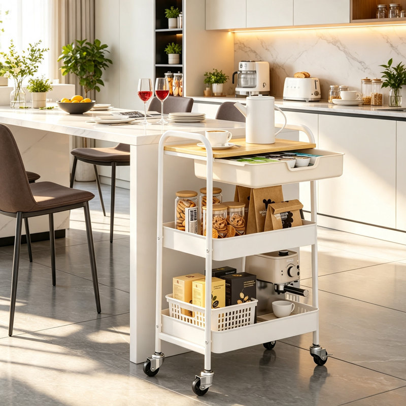 3 Tier Rolling Storage Trolley with Wooden Table Top and Drawer, Metal Utility Cart with Lockable Wheels for Kitchen Bathroom Office and Bedroom, White