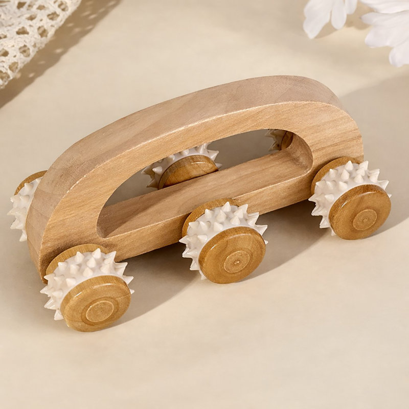 Rouleau de massage portatif en bois naturel - Six rouleaux à pointes