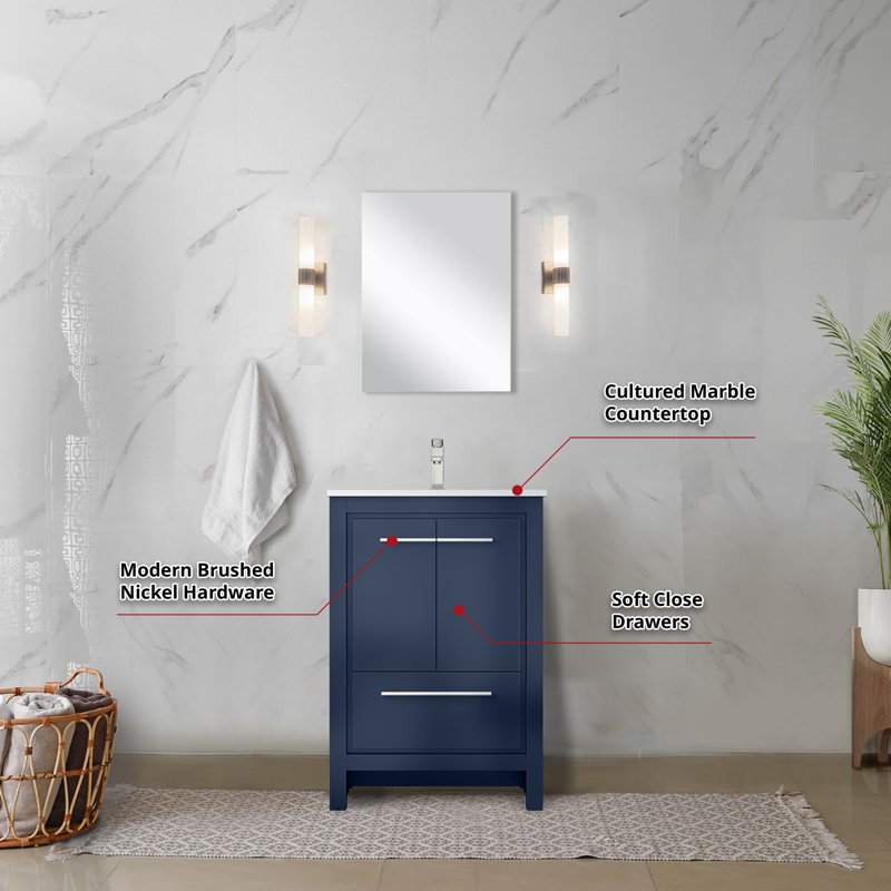 Lafarre 24'' Single Bathroom Vanity with Marble Top with Mirror, Navy Blue, White Cultured Marble