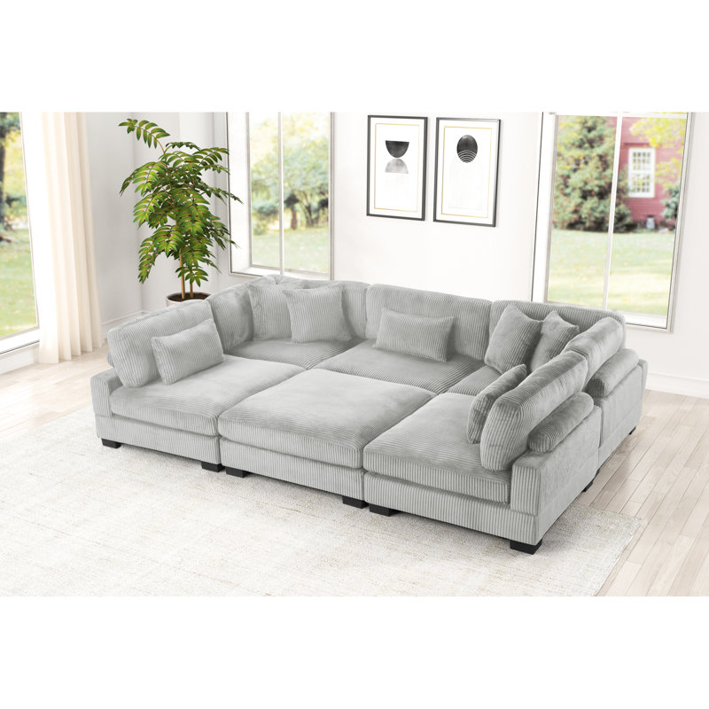Canapé modulaire moderne en forme de U avec structure en velours côtelé et structure en bois, 5 positions de sièges, agencement de couleur grise, utilisation intensive, dossier à coussin, accoudoirs roulés, pour la couleur principale de l'espace de vie,
