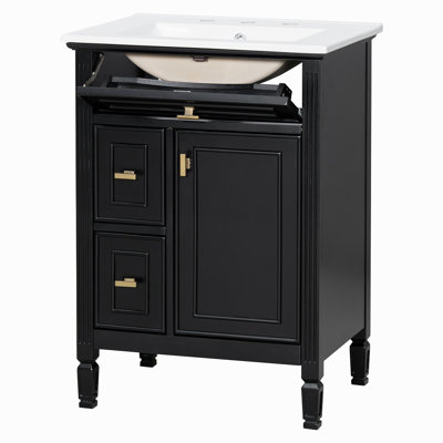 Meuble-lavabo de 24 pouces avec lavabo, armoire en bois massif et panneau de fibres à densité moyenne avec un tiroir rabattable, deux tiroirs standard et une tablette réglable, meuble-lavabo noir autoportant pour le rangement de la salle de bain (ancien SKU:	
N725P350824B)