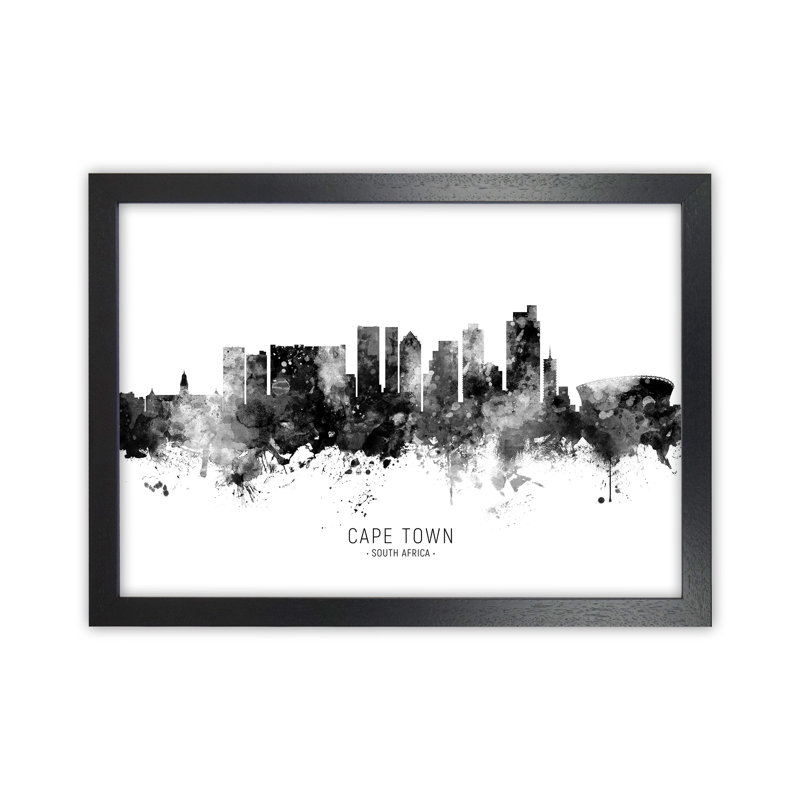 Cape Town South Africa Skyline Black White City Name by Michael Tompsett - Print, 34cm H x 46cm W x 3cm D, Black Framed