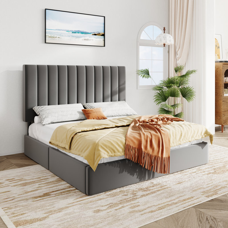Lit plateforme tapissier en velours avec tête de lit réglable et 4 tiroirs, Double , Gris brumeux