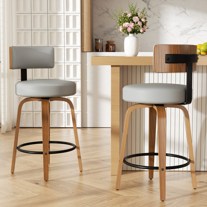 Chic Swivel Leather Upholstered Bar Stool For Ultimate Comfort And Style, Light Gray