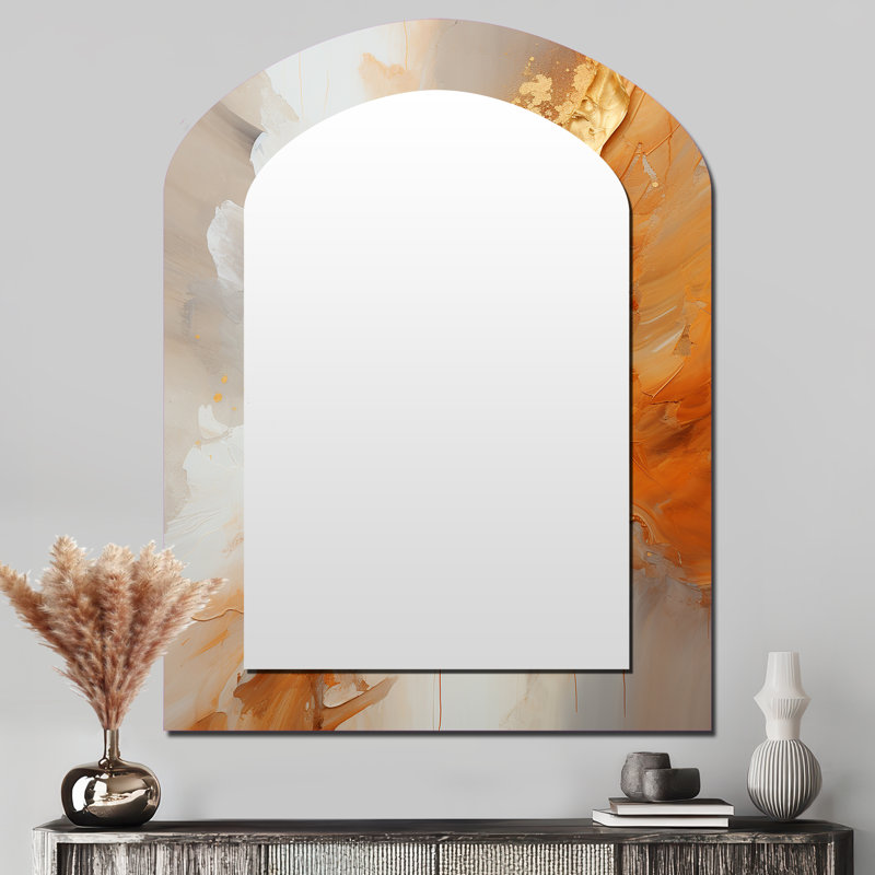 Gold White Champagne Sunrise Spirals I - Abstract Spirals Arch Decorative Mirror, Modern Asymmetrical Wall Mirror, Printed Metal Art
