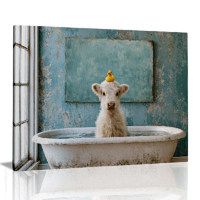 Funny Highland Cow Bathtub Country Farmhouse Canvas Wall Art Gallery Wrapped for Bathroom 40*28 inch(100*70*2cm)