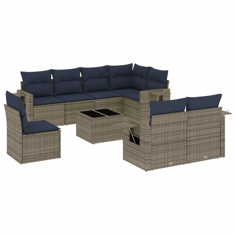 Ensemble de canapé de patio 9 pièces avec coussins en rotin de polyester, Marine, Gris