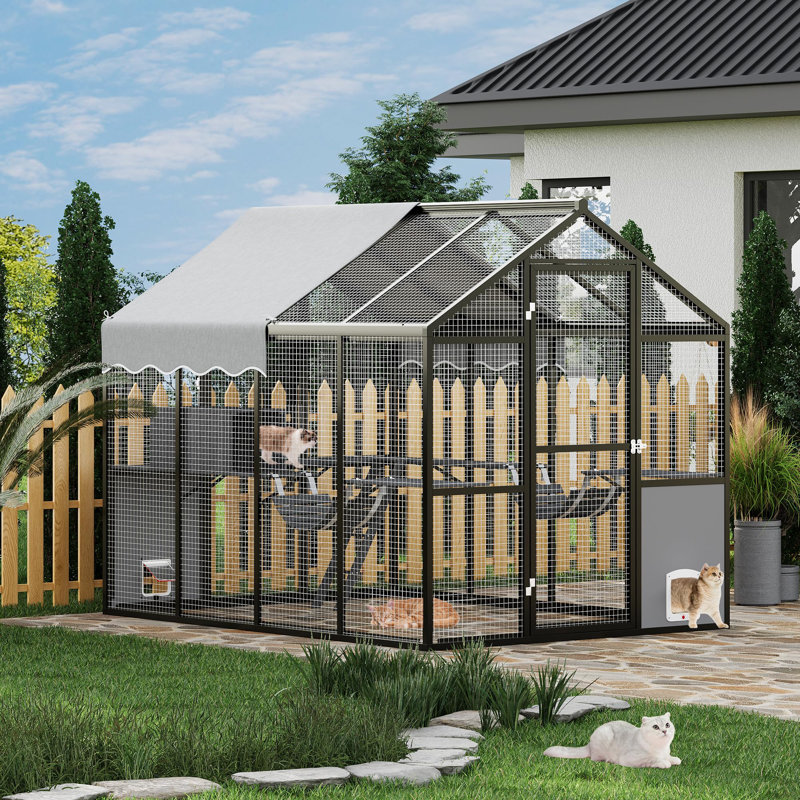  Grande cage extérieure pour chats multiples - Catio résistant aux intempéries avec couvercle UV, plateforme et porte latérale