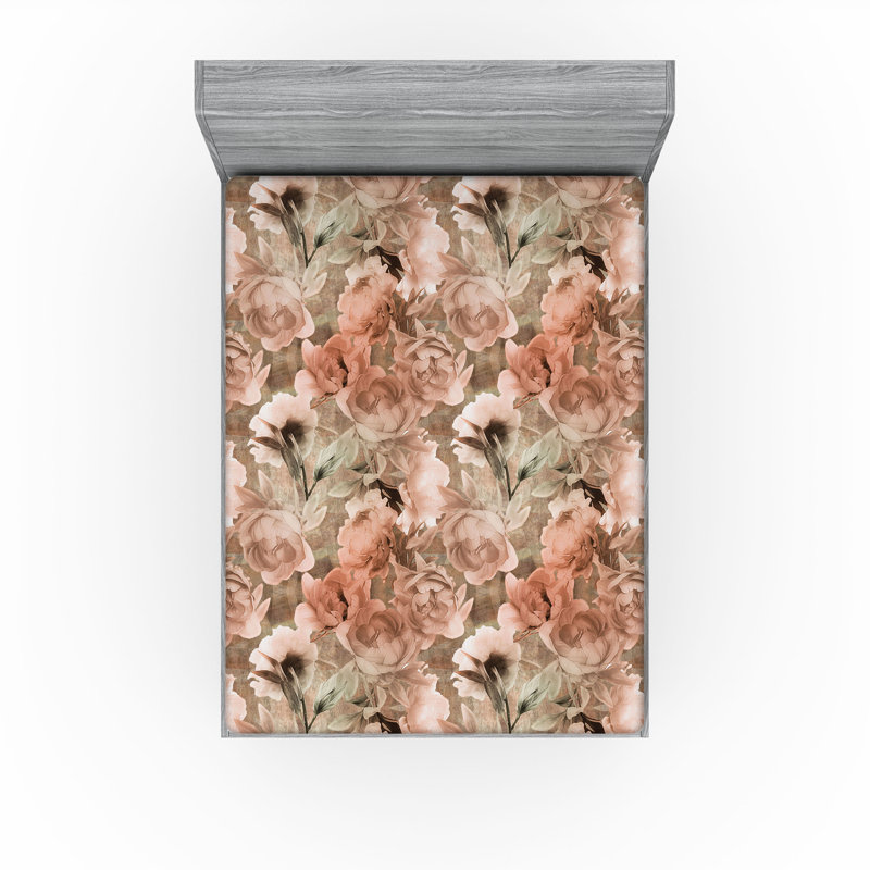 Ambesonne Cottagecore Fitted Sheet Retro Floral Pattern Rose Pale Green Pale Ruby, Queen Fitted Sheet