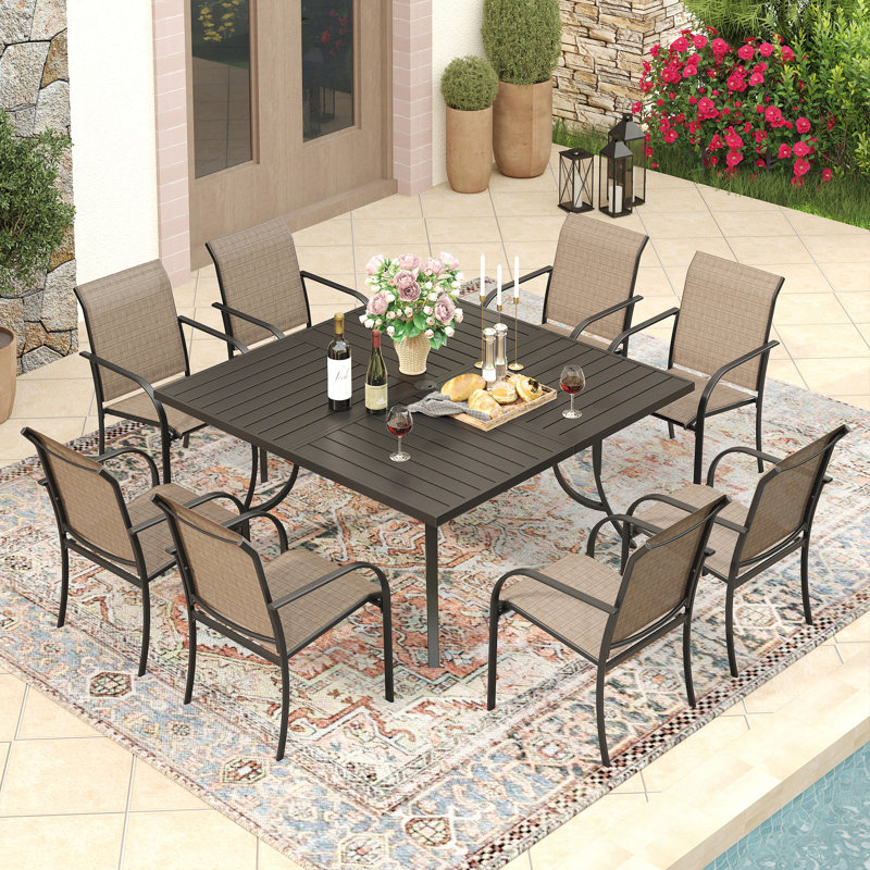 Ensemble repas de patio en métal pour 8 personnes avec table carrée Erilas, Noir / brun