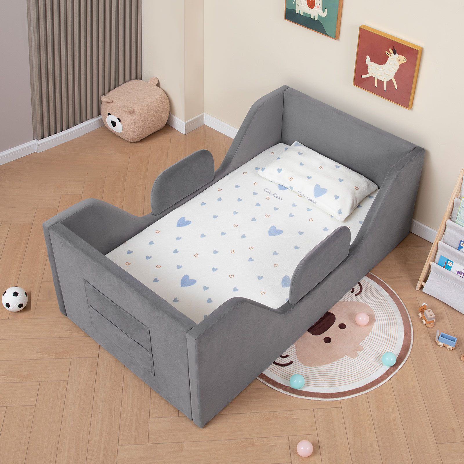 Harriet Bee Toddler Floor Bed with Removable Safety Rails and Storage ...