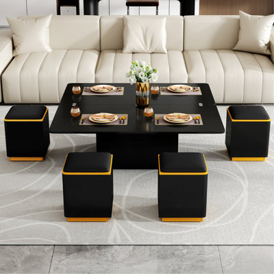 Table basse à plateau relevable avec 4 tabourets de rangement, table centrale pour le salon