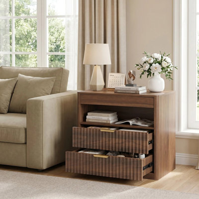 27.55"nightstand With 2-drawers & Open Shelf, Bedside Table With Outlets,end Table With 1 Pull-out Shelf, Bed Side Table with Storage for Bedroom(Walnut)