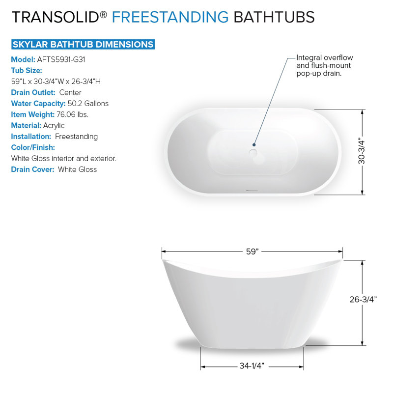 Transolid 59 L x 30.75 W x 26.75 H Freestanding Bathtub, In White