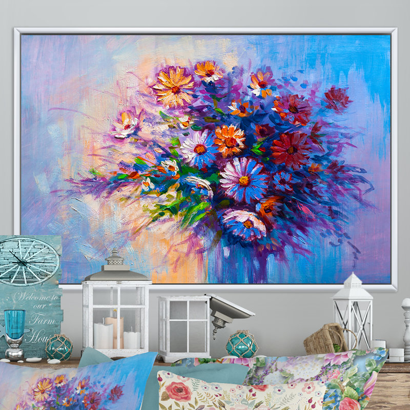 Bouquet moderne de marguerites III, L 32 po x H 16 po, Cadre flottant blanc