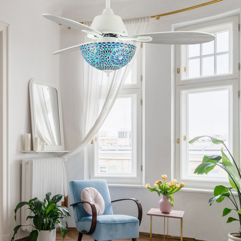 42"W Pierre LED Indoor Multicolored Mosaic Glass Ceiling Fan With Remote Control, White
