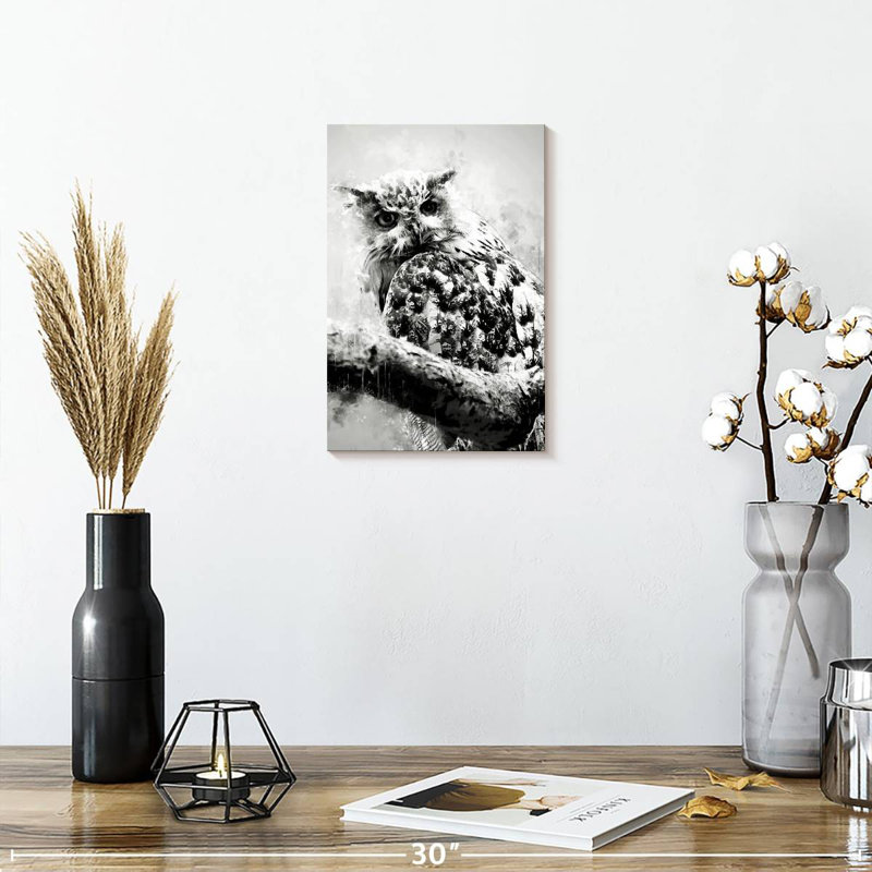 Brampt Owl Looking Black And White, 12" H x 8" W
