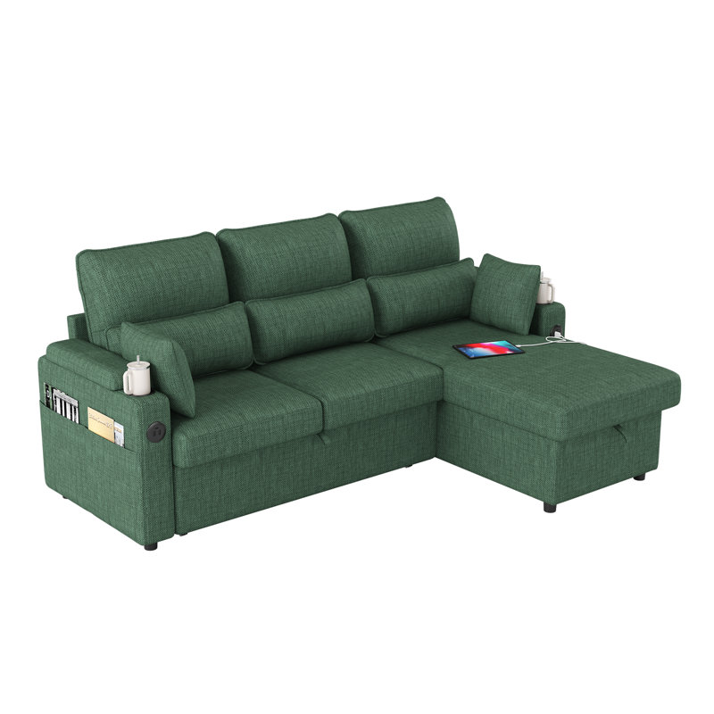 L-Shaped Linen Sleeper Sectional Sofa Bed with Storage Chaise, Solid Wood Frame, USB Charging, Green Linen