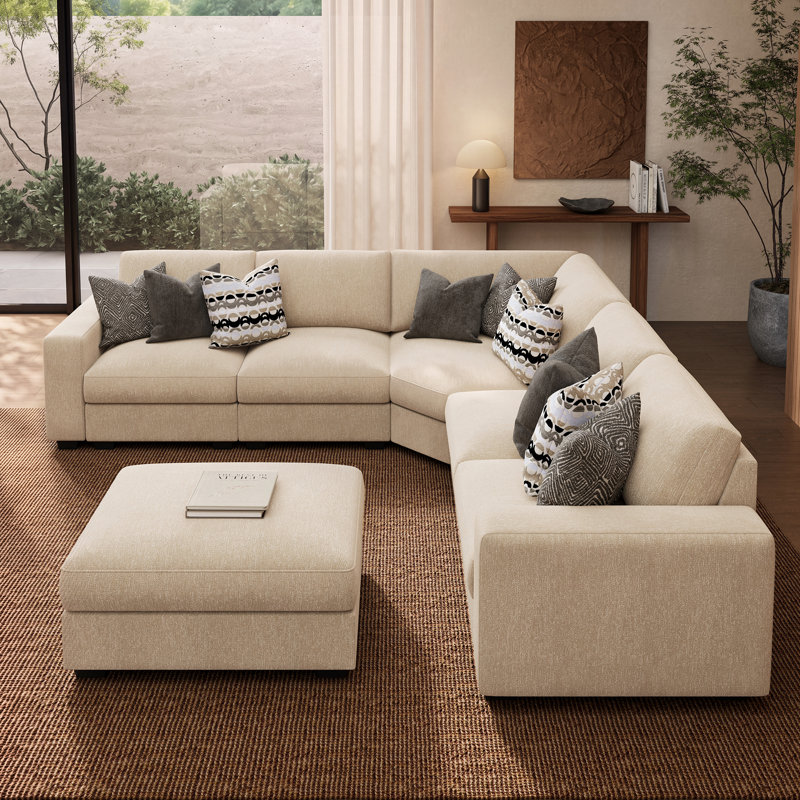 Canapé d'angle moderne en forme de L avec pouf de rangement, Beige Chenille