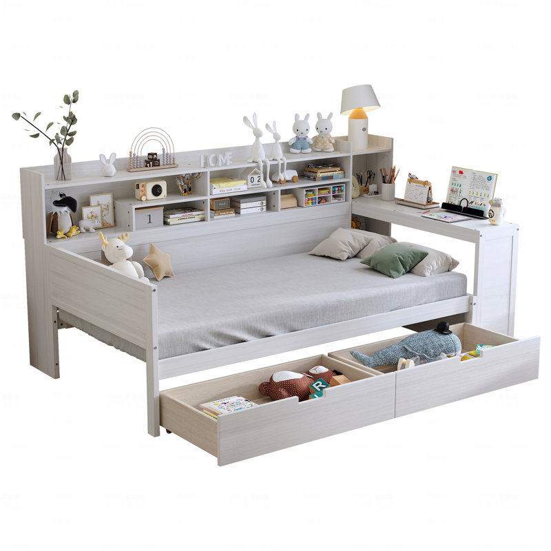 Lit de jour simple en bois avec tablettes de rangement, tiroirs et bureau d'étude - Blanc, Blanc