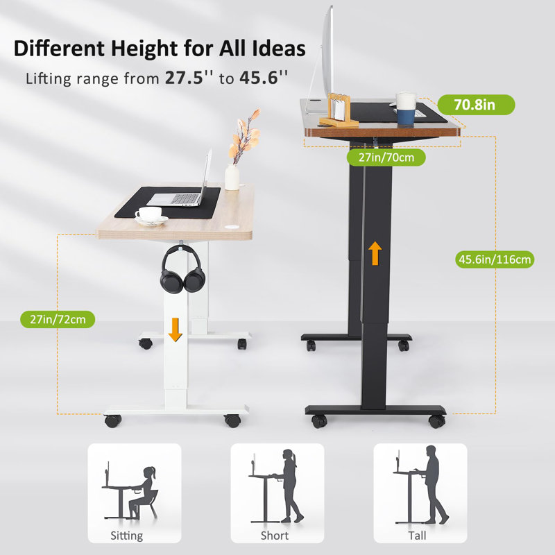 Olivia 70.87" Electric Height Adjustable Standing Desk With 4 Lockable Casters, 2 Hooks, Big Mouse Pad, Oak Grey