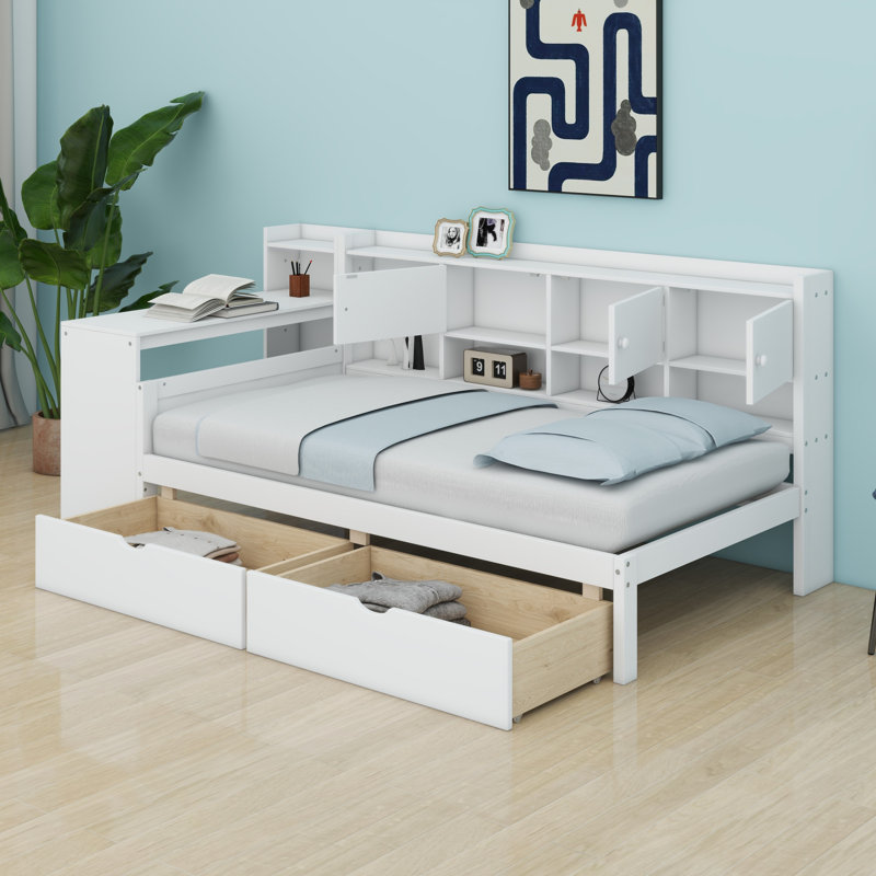 Lit de jour en L en bois avec armoires de rangement et tiroirs de rangement, lit multifonctionnel avec bureau d'étude, blanc