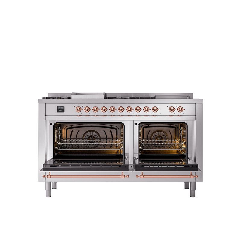 ILVE Nostalgie II 60 in Dual Fuel Range, 7 Burner, Griddle, Frenchtop, Liquid Propane, Stainless Steel/Copper