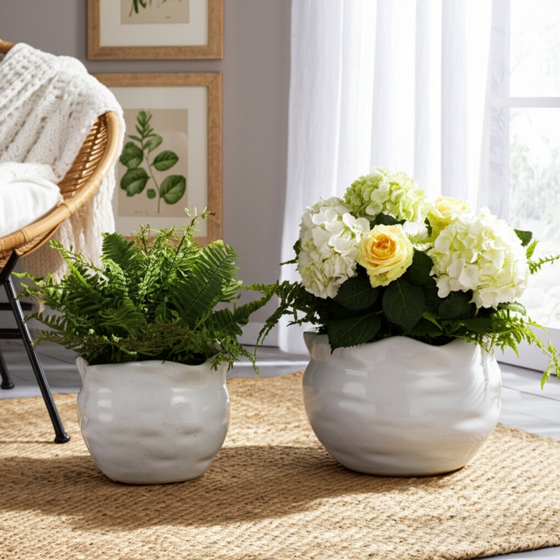 Ensemble de 2 pots de fleurs décoratifs ronds en céramique pour la maison - Pots de fleurs d'extérieur minimalistes pour le salon et le patio - blanc