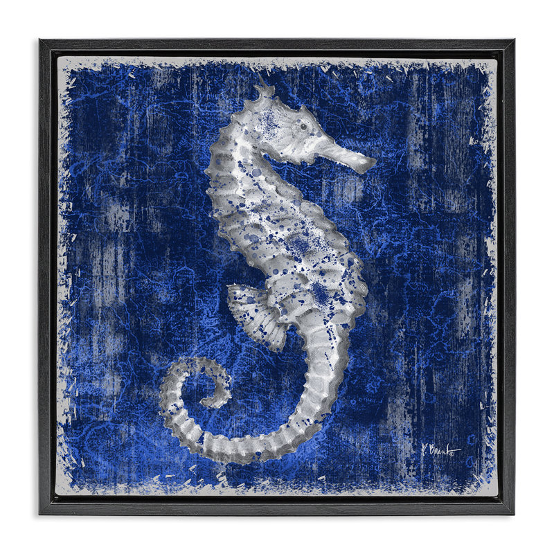  «Rustic Indigo Seahorse Floater», art mural sur toile par Paul Brent, Cadre flottant noir de jais, H 18 po x l 18 po