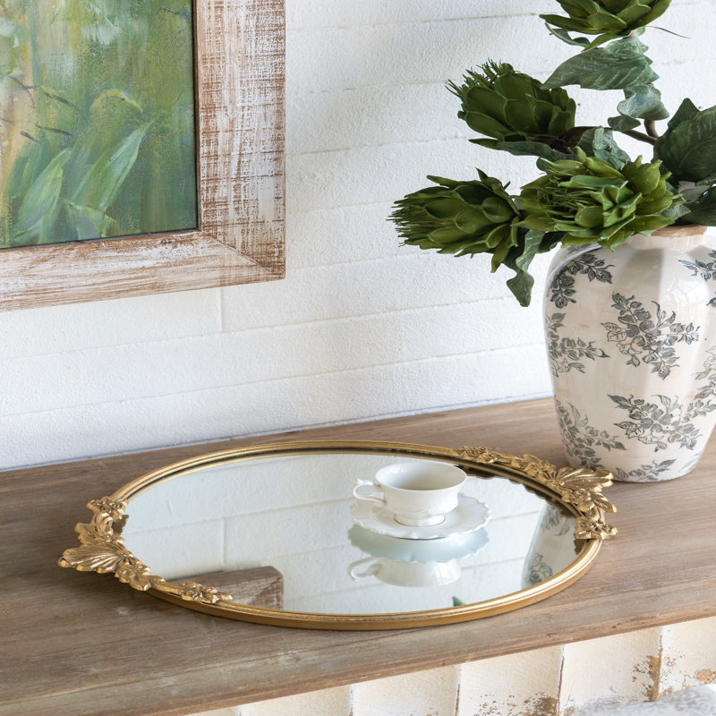 Plateau à miroir rond 19 po x 16 po x 1 po avec cadre en fer doré et détails floraux complexes