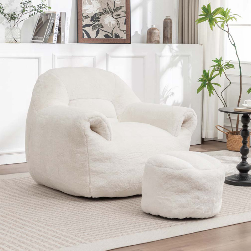 Faux Fur Bean Bag Chair With Ottoman, White
