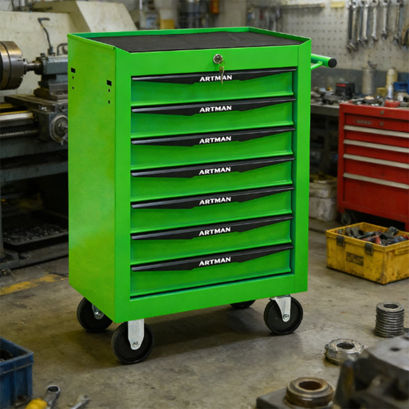 Coffre à outils à 7 tiroirs, armoire à outils mobile en acier avec tiroirs et serrure, garage industriel et rangement pour atelier, vert