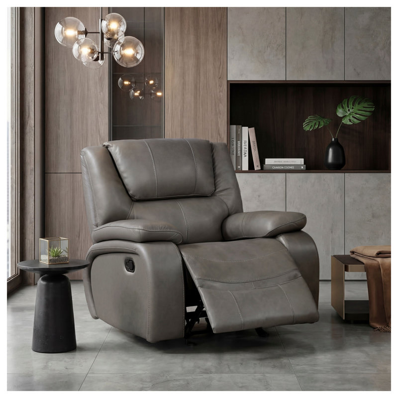 Fauteuil inclinable gris oscillant en cuir gris avec cadre en bois massif et siège à ressorts ensachés