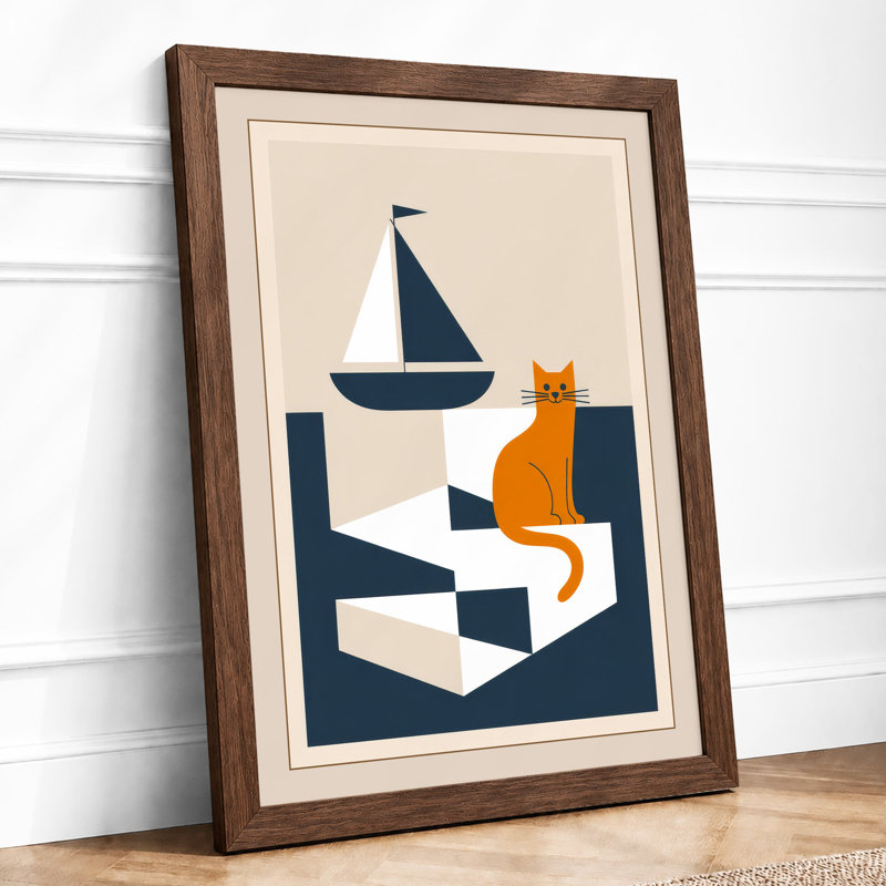 Cat and Sailboat Mid-Century - Framed Print, A2 - 59.4 x 42.0 cm, Walnut