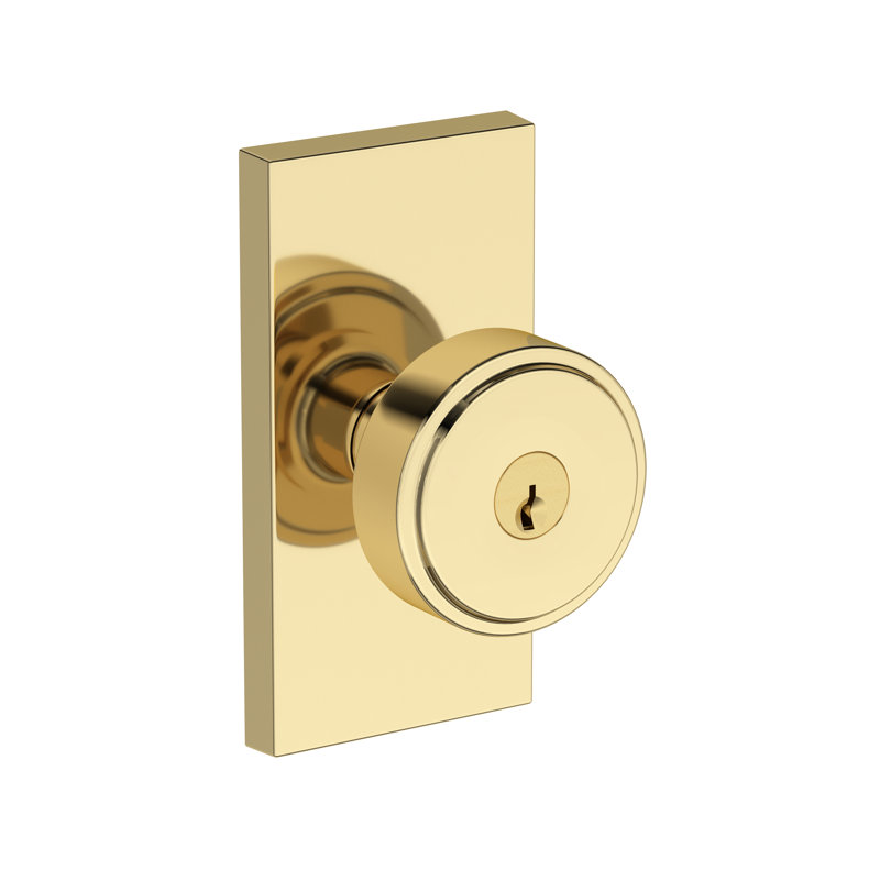 Vashon Keyed Entry Knob with Contemporary 5in Rose in Lifetime (PVD) Satin Brass, Unlacquered Brass