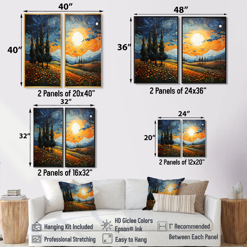 Vangogh, le cyprès se balançant IV - Vangogh, grandes impressions sur toile 2 panneaux, Noir, H 36 po x l 48 po