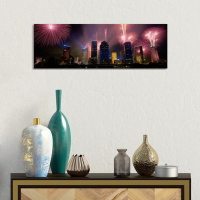 Fireworks Over Buildings In A City, Houston, Texas, USA - Wrapped Canvas Panoramic Print