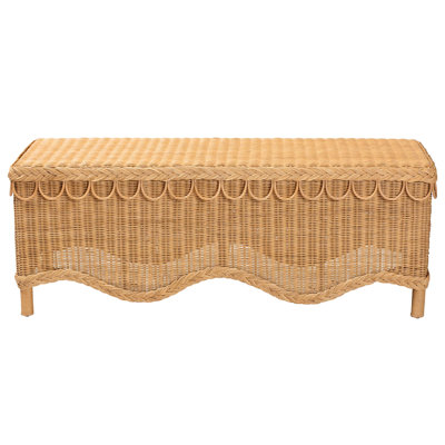 Banc d'appoint bohémien entièrement assemblé avec bords festonnés, bordure tressée, large siège rectangulaire, fabriqué en bois naturel et d'ingénierie, teinté miel, 46,61 po de largeur, 15,77 de profondeur, 17,86 de hauteur,