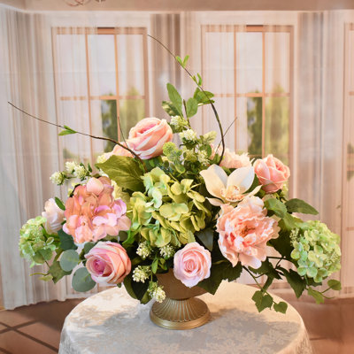 Pink and Green Rose Hydrangea Faux Floral Arrangement