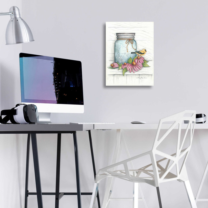 «Chardonneret et fleurs» par Mary Ann June, art mural en verre acrylique, H 16 po x l 12 po