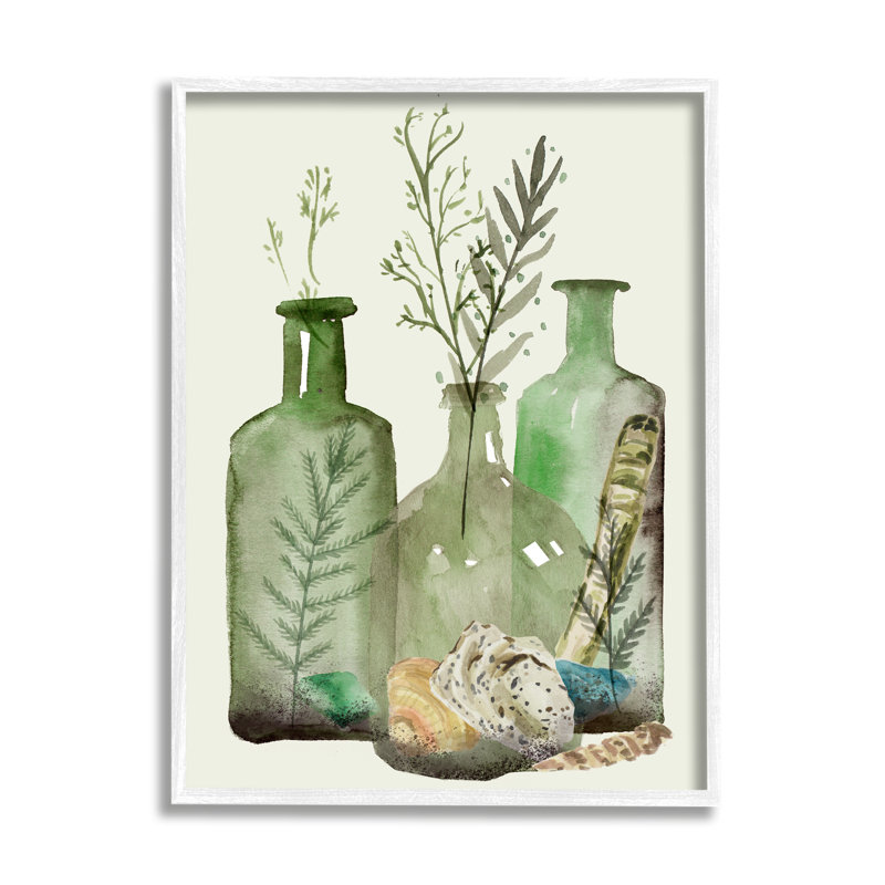 Fougère, plantes, coquillages nautiques, cruche verte, nature morte, par Melissa Wang, H 30 po x l 24 po x P 1,5 po