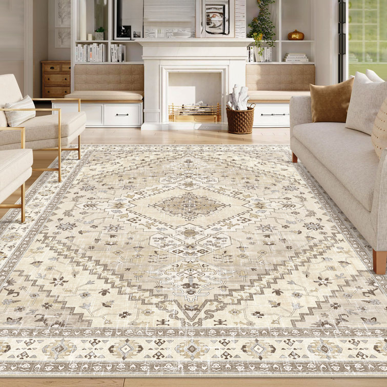 Boho Chic Washable Area Rug - Non-Slip Vintage Design Low Pile Carpet , Soft Floor Rug for Living Room, Bedroom & Dining Room