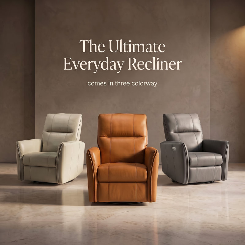Coamhan 31.5" Wide Genuine Leather Modern Power Recliner with Swivel and Glider, Orange
