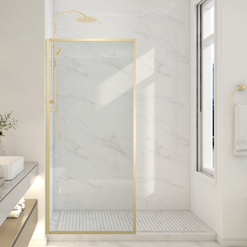 Welle 74 In. X 34 In. Framed Fixed Shower Screen Door In Brushed Gold With 5/16" (8Mm) Tempered Clear Glass, Clear