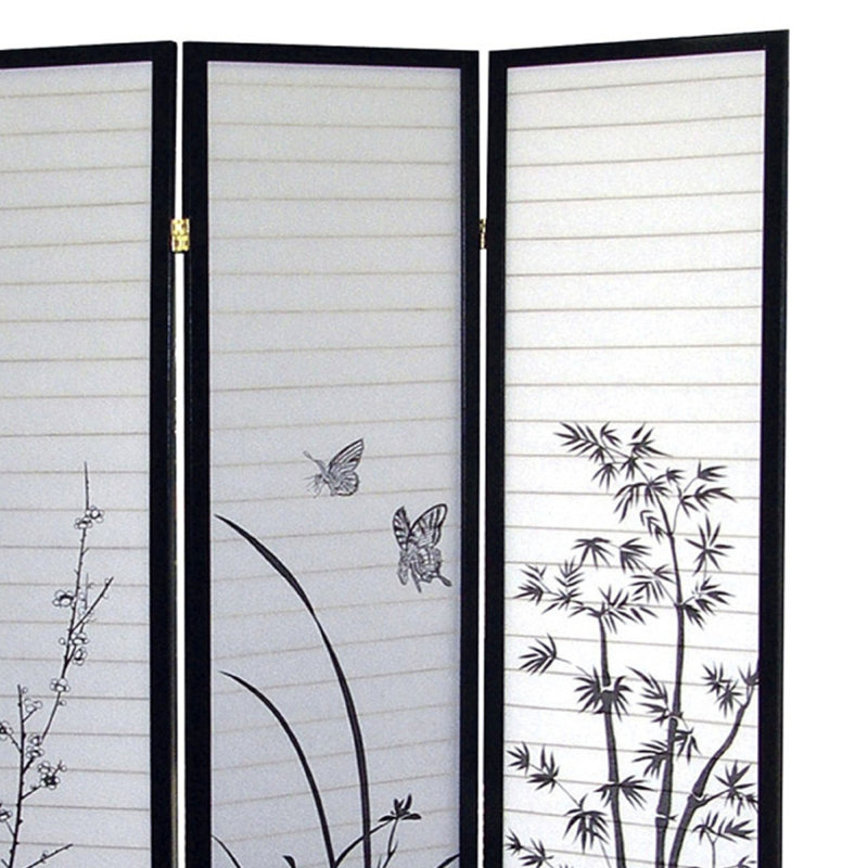 Cloison 70 pouces à 3 panneaux de hauteur / motif floral avec finition noire, 70.07" H x 50.07" W x 6.07" D