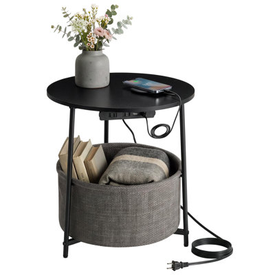Table d'appoint ronde en bois noir avec panier de rangement en tissu, table de chevet moderne avec double panier tressé épais, idéale pour le salon ou la chambre.