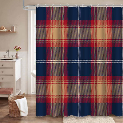 Rideau de douche rouge / beige / tartan / bleu avec 12 crochets